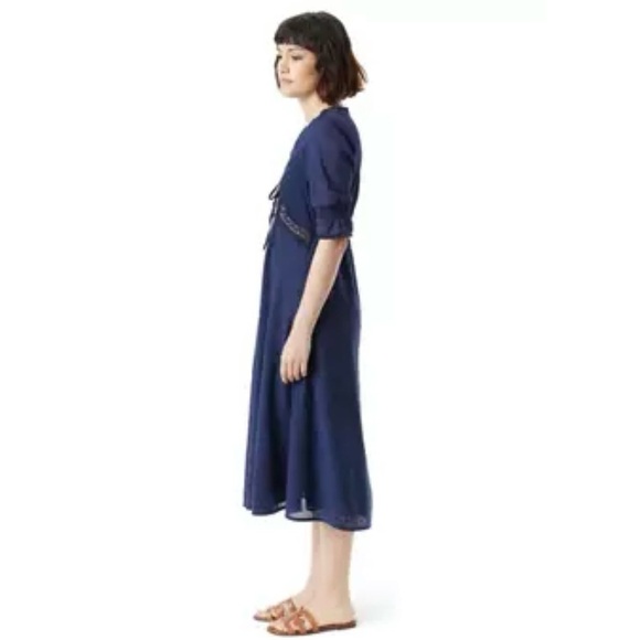 Sam Edelman Dasie Lace Detail A-Line Cotton Midi Dress in Navy Blue Size Medium - Picture 5 of 16